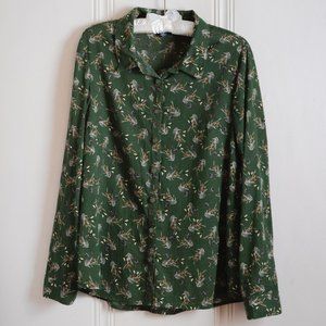 Green bee print button down top